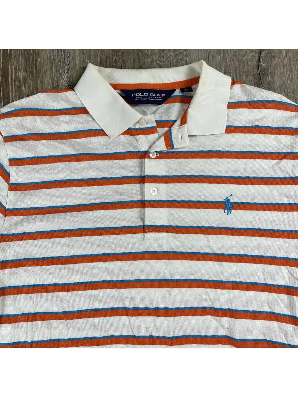 POLO GOLF Ralph Lauren Shirt Men's Medium Orange Blue Stripe Pima Cotton Logo